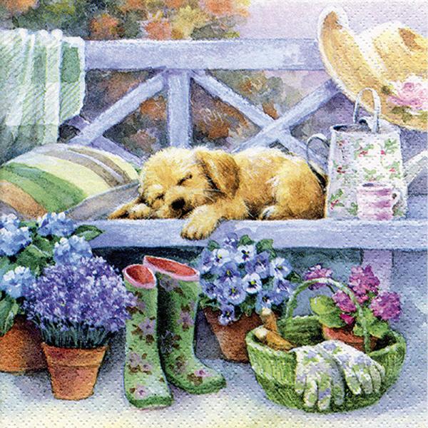 FLOWERS AND SLEEPING PUPPY LUNCH NAPKINS