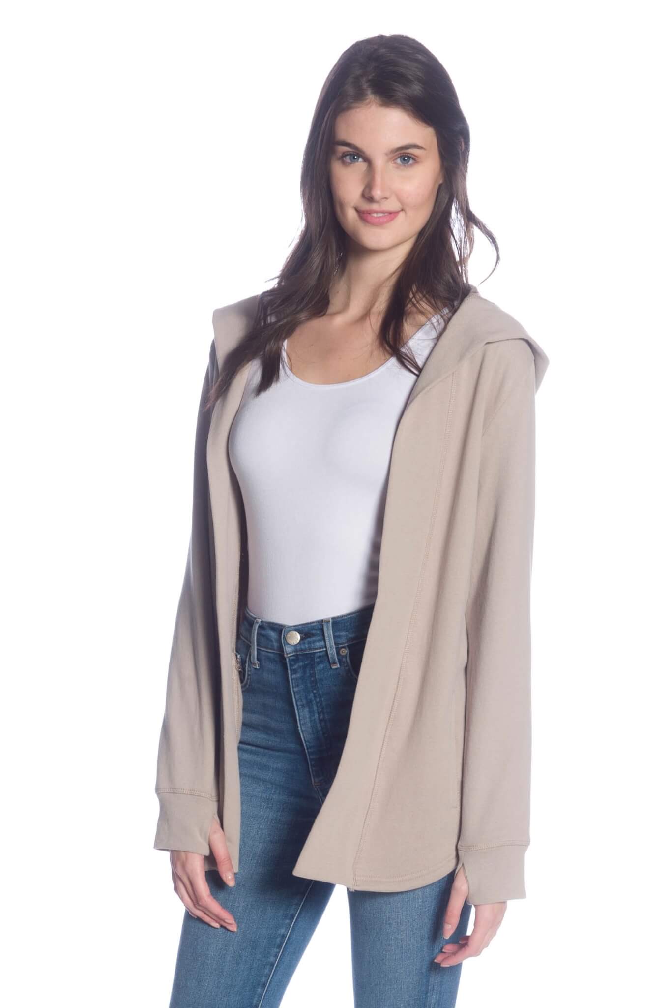 WOMEN'S LIGHT TAUPE LONG SLEEVE HOODED OPEN CARDIGAN