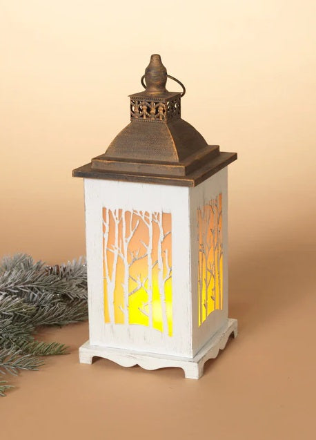 WHITE METAL WINTER SCENE LANTERN