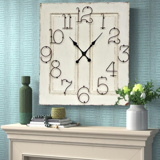 SQUARE WHITE WOOD CLOCK WITH WIRE NUMBERS - Lockside Trading Company